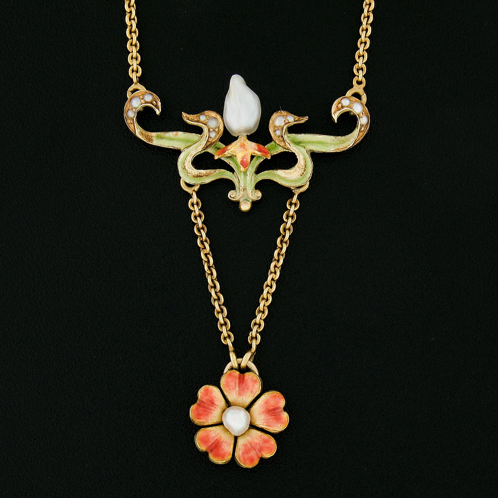 Round Cut Antique Art Nouveau 14K Gold River & Seed Pearl Flower Dangle Pendant w/ Chain For Sale