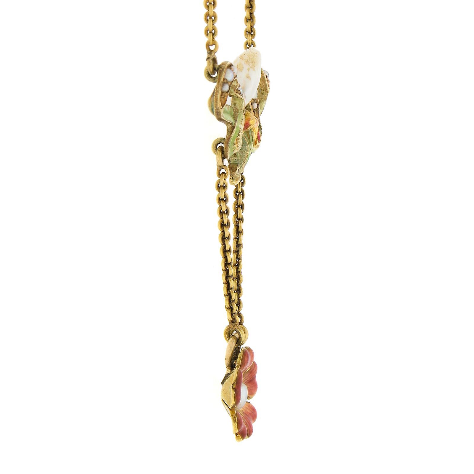 Antike Art Nouveau 14K Gold Fluss & Seed Pearl Flower Dangle Anhänger w / Kette im Zustand „Gut“ im Angebot in Montclair, NJ