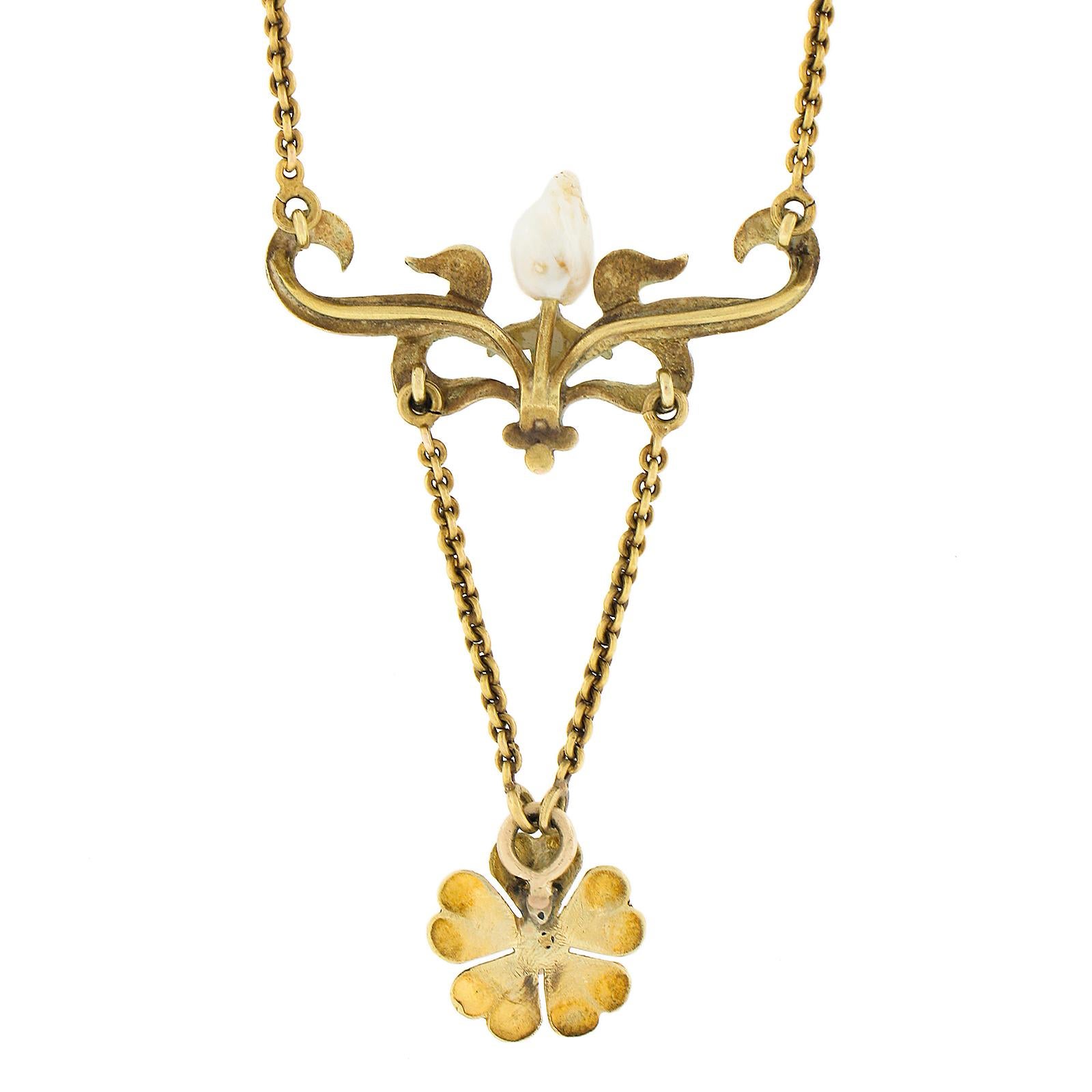 Antique Art Nouveau 14K Gold River & Seed Pearl Flower Dangle Pendant w/ Chain For Sale 1