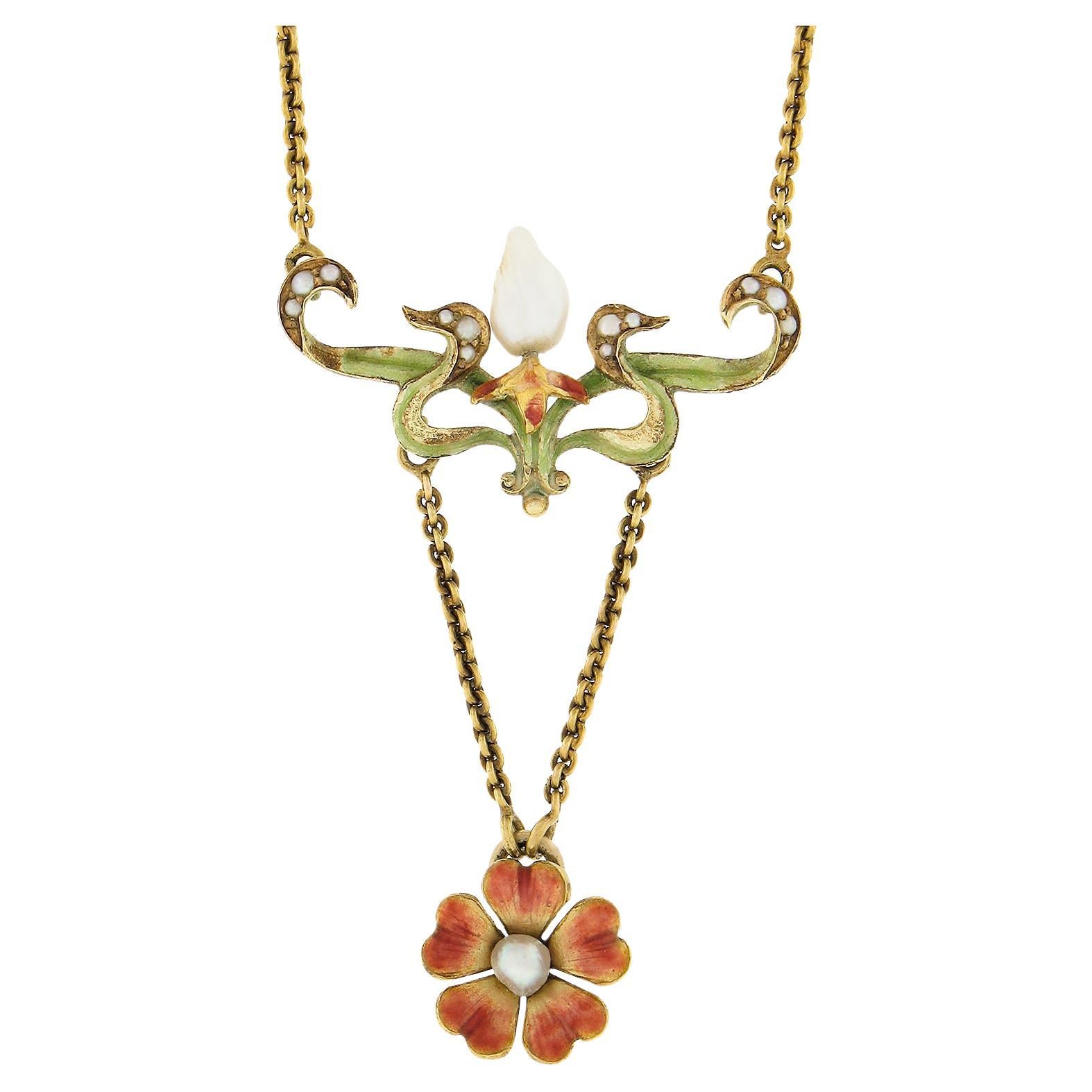 Antique Art Nouveau 14K Gold River & Seed Pearl Flower Dangle Pendant w/ Chain For Sale