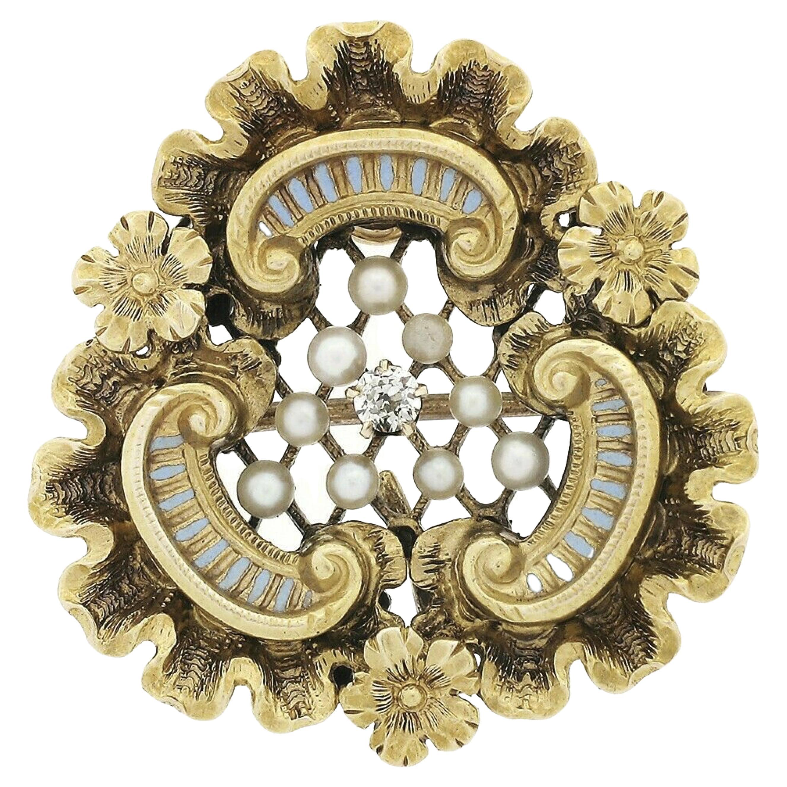 Antique Art Nouveau 14k Gold Seed Pearl Diamond & Enamel Floral Brooch Pendant