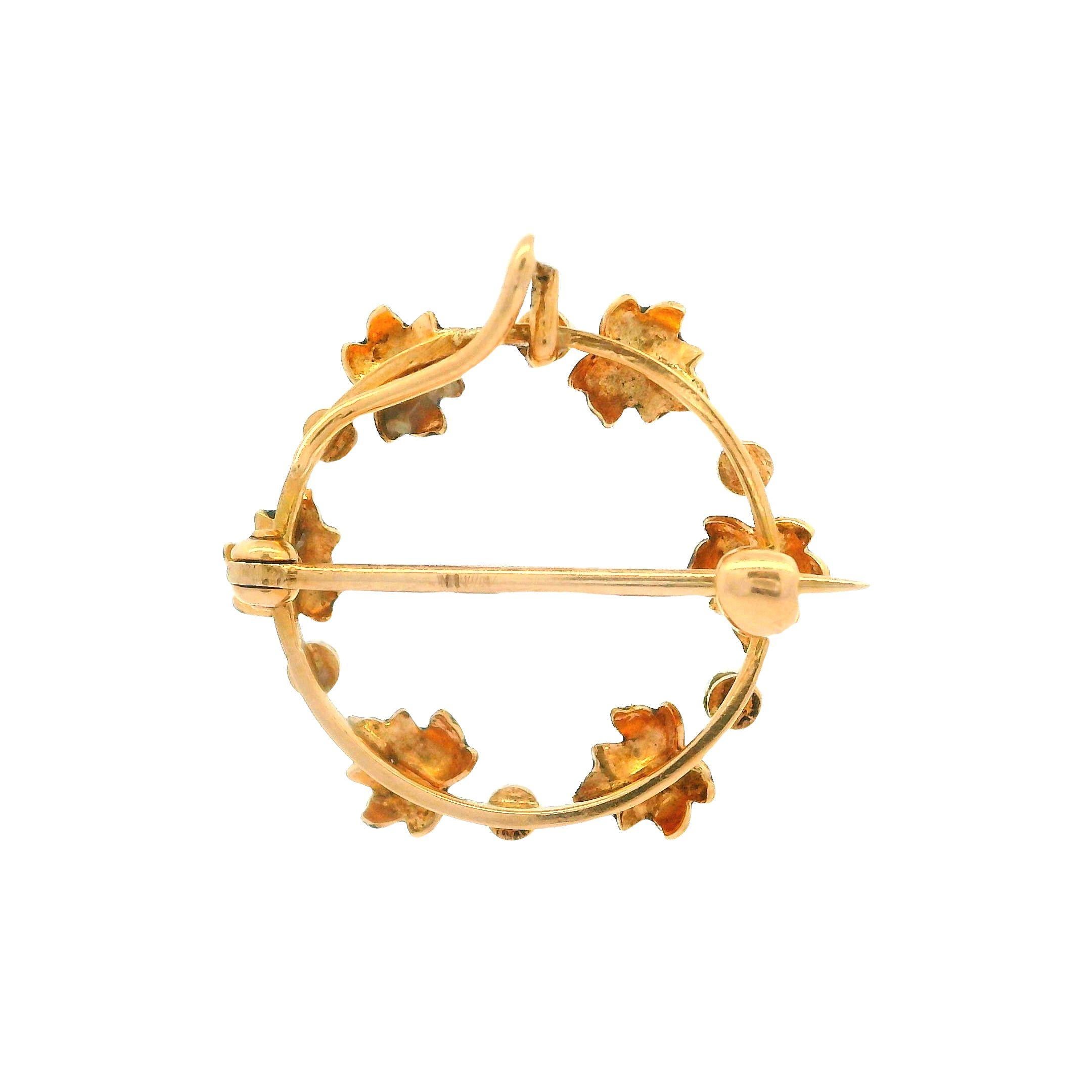 Round Cut Antique Art Nouveau 14k Gold Seed Pearl Purple Enamel Leaf Wreath Pin Brooch For Sale