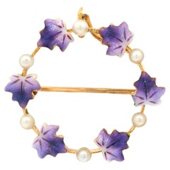 Antique Art Nouveau 14k Gold Seed Pearl Purple Enamel Leaf Wreath Pin Brooch