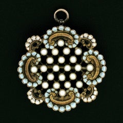 Antique Art Nouveau 14k Or perle de rocaille blanche émail bleu Fleur Broche Pendentif
