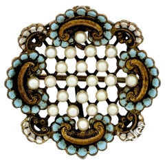 Antique Art Nouveau 14k Or perle de rocaille blanche émail bleu Fleur Broche Pendentif