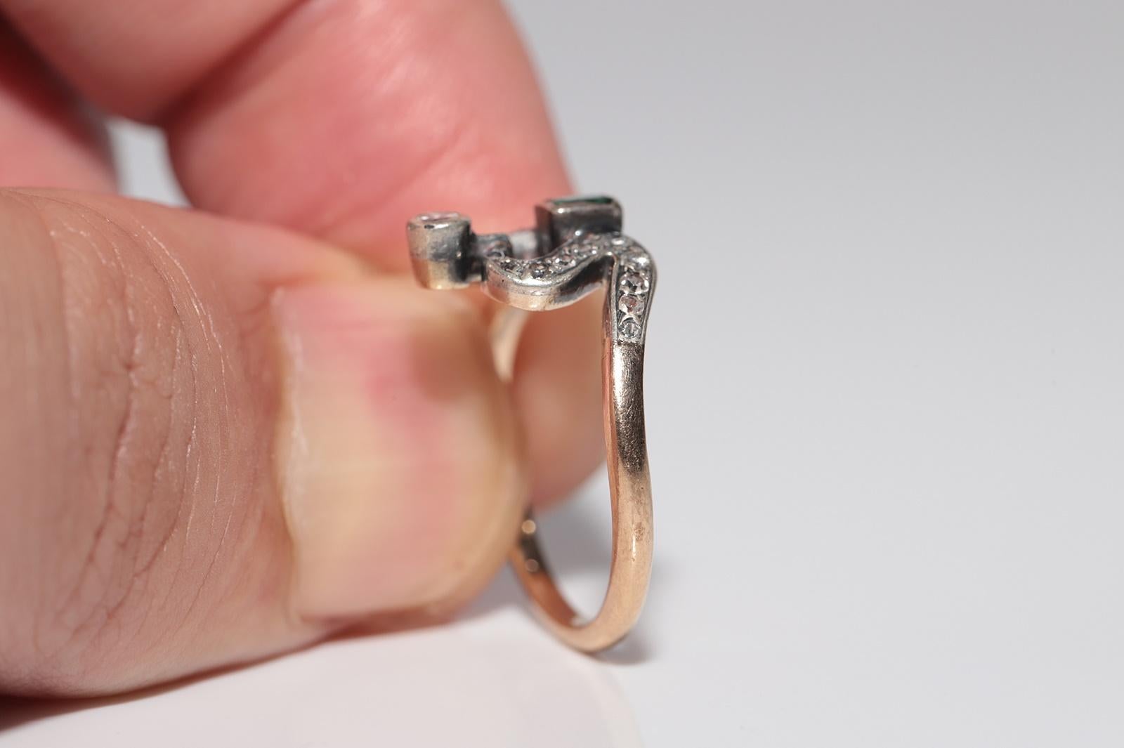Anello antico Art Nouveau in oro 14k e argento con diamante naturale e smeraldo in vendita 5