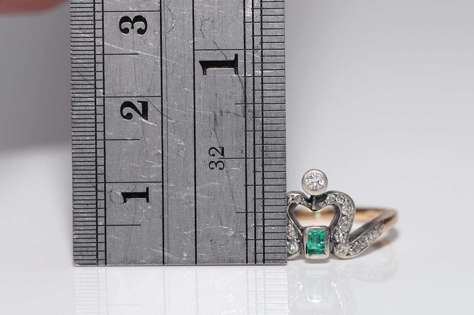 Anello antico Art Nouveau in oro 14k e argento con diamante naturale e smeraldo in vendita 6