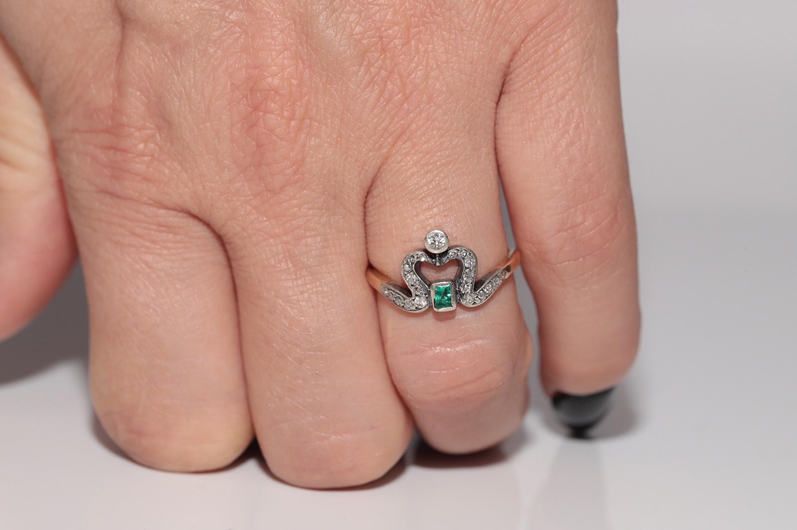 Anello antico Art Nouveau in oro 14k e argento con diamante naturale e smeraldo in vendita 9