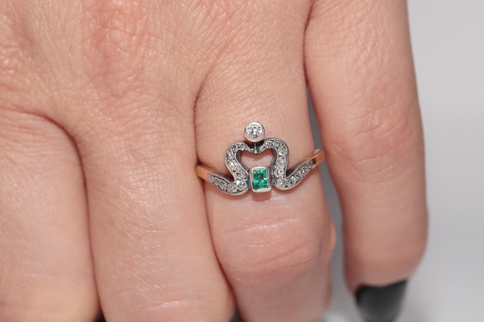 Anello antico Art Nouveau in oro 14k e argento con diamante naturale e smeraldo in vendita 10