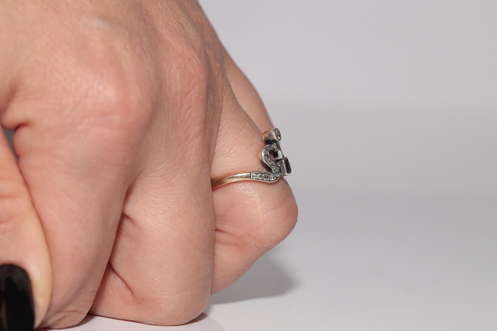 Anello antico Art Nouveau in oro 14k e argento con diamante naturale e smeraldo in vendita 11