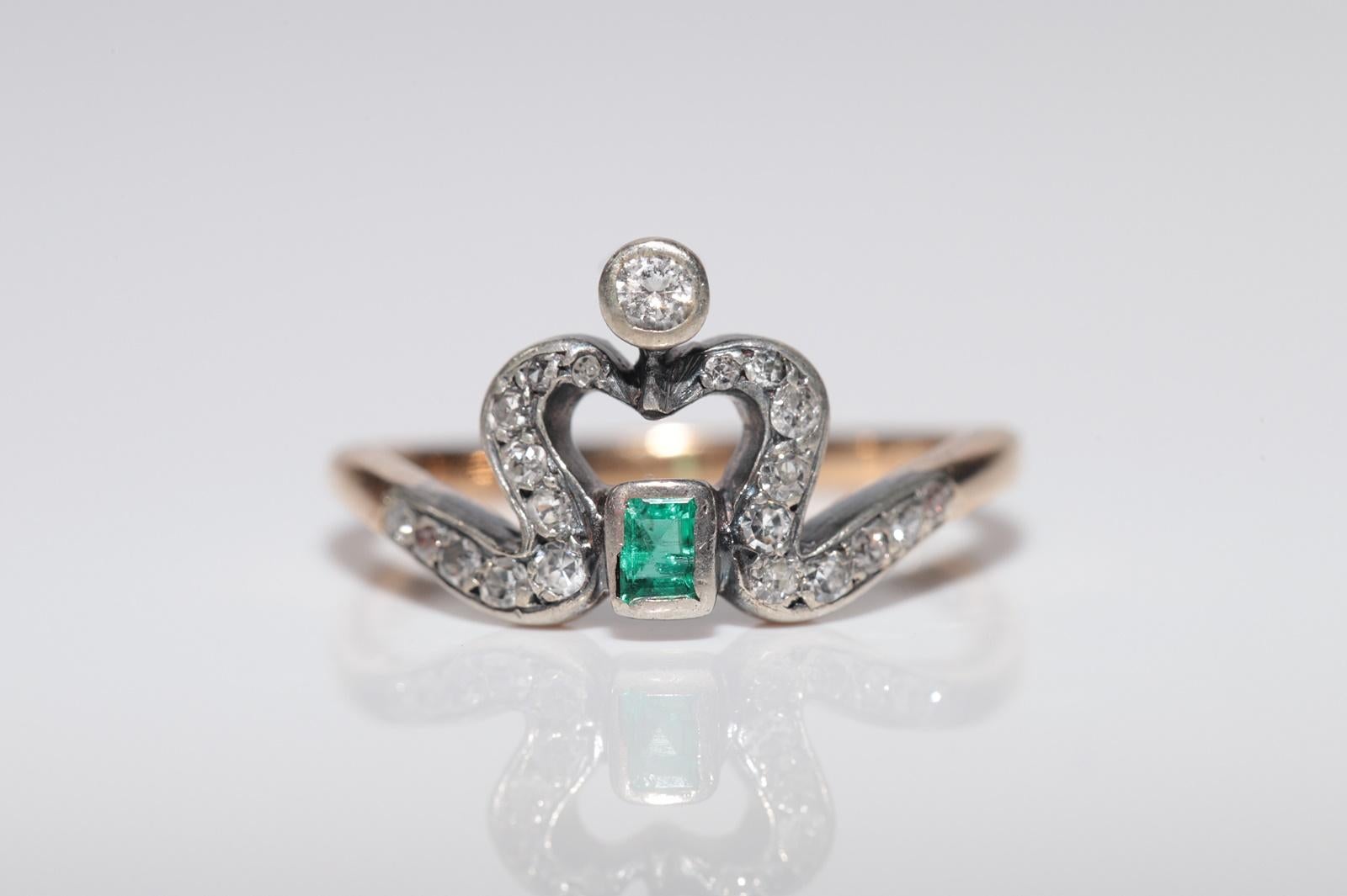 Anello antico Art Nouveau in oro 14k e argento con diamante naturale e smeraldo In condizioni buone in vendita a Fatih/İstanbul, 34