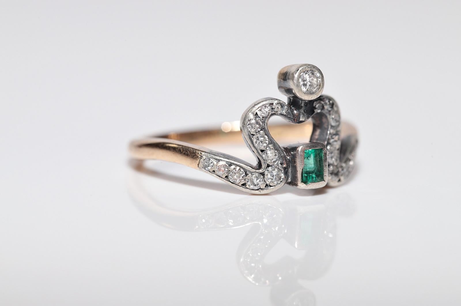 Donna Anello antico Art Nouveau in oro 14k e argento con diamante naturale e smeraldo in vendita