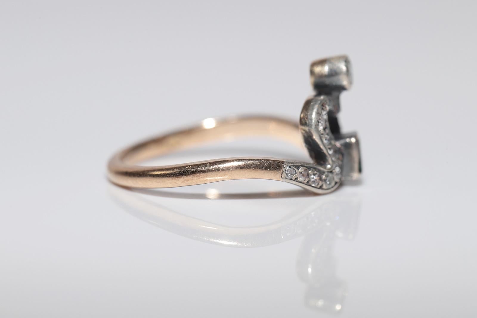 Anello antico Art Nouveau in oro 14k e argento con diamante naturale e smeraldo in vendita 1