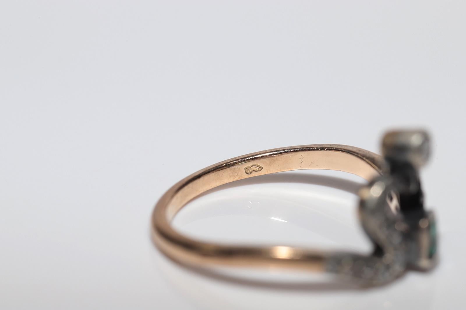 Anello antico Art Nouveau in oro 14k e argento con diamante naturale e smeraldo in vendita 2