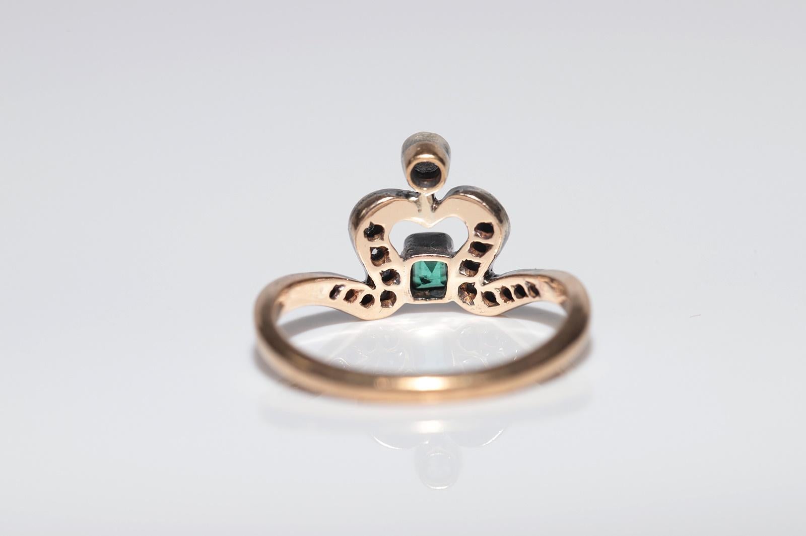 Anello antico Art Nouveau in oro 14k e argento con diamante naturale e smeraldo in vendita 3