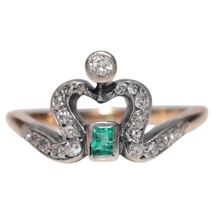 Antique Art Nouveau 14k Gold Top Silver Natural Diamond And Emerald Ring
