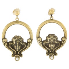 Antique Art Nouveau 14K Yellow Gold 2.5mm Pearl Lady Nymph Drop Dangle Earrings