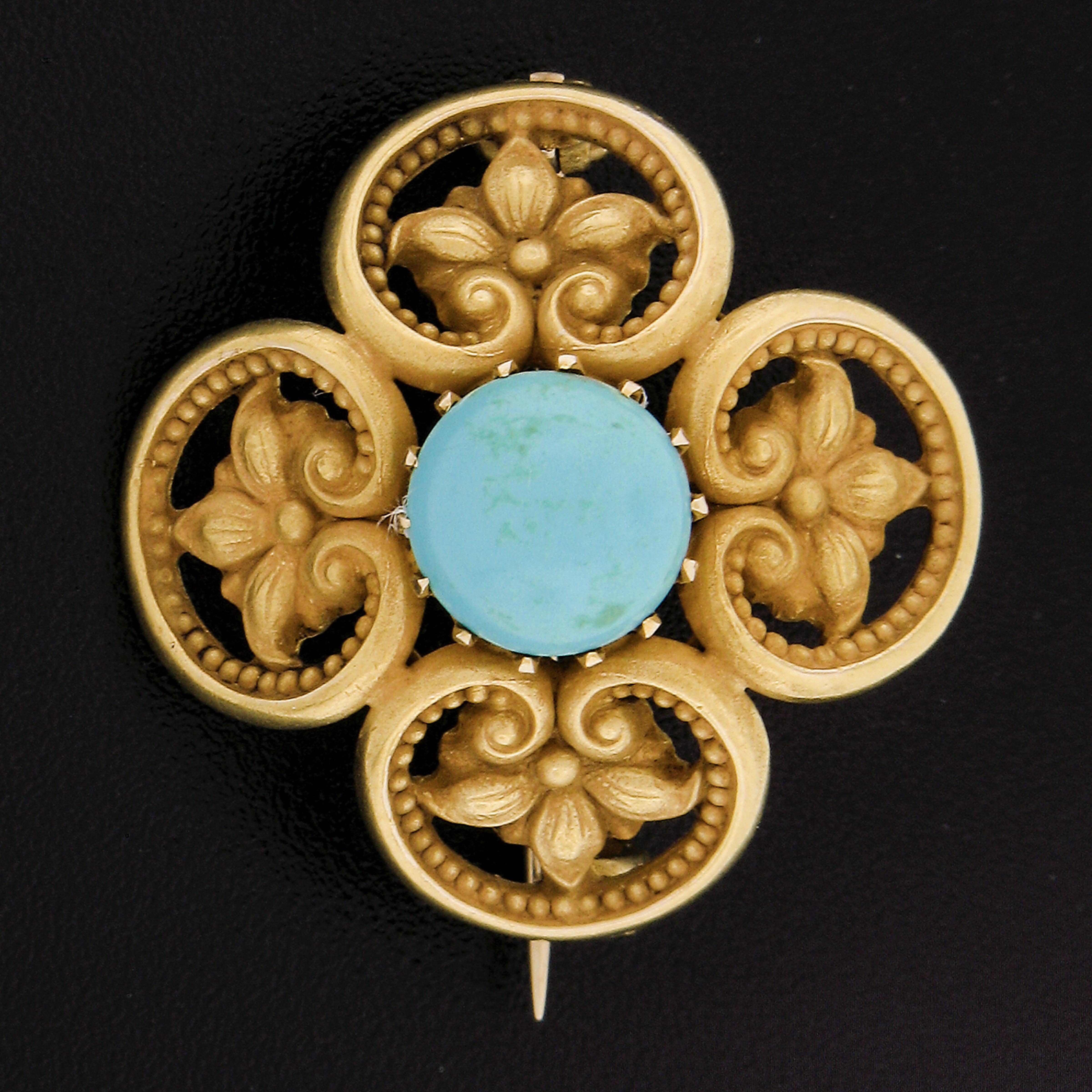 --Stone(s):--
(1) Natural Genuine Turquoise - Round Cabochon Cut - Multi Prong Set - Very Nice Turquoise Color - 8mm (approx.)

Material: 14k+ Solid Yellow Gold , Washed with High Karat Gold
Weight: 4.27 Grams
Clasp: Pin Backing w/ Hook