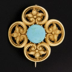 Antique Art Nouveau 14k Yellow Gold 8mm Turquoise Detailed Flower Pin Brooch