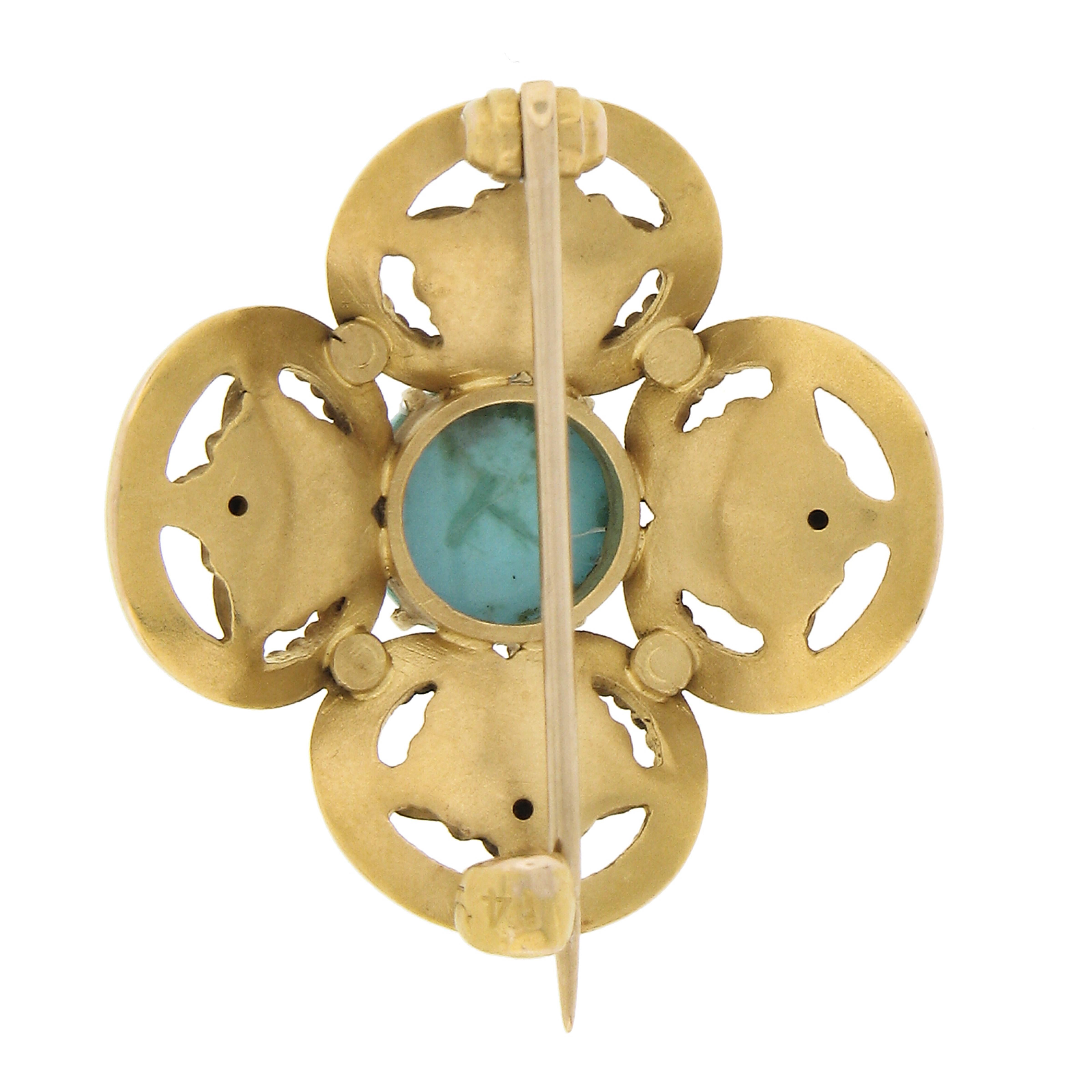 Cabochon Antique Art Nouveau 14k Yellow Gold 8mm Turquoise Detailed Flower Pin Brooch For Sale