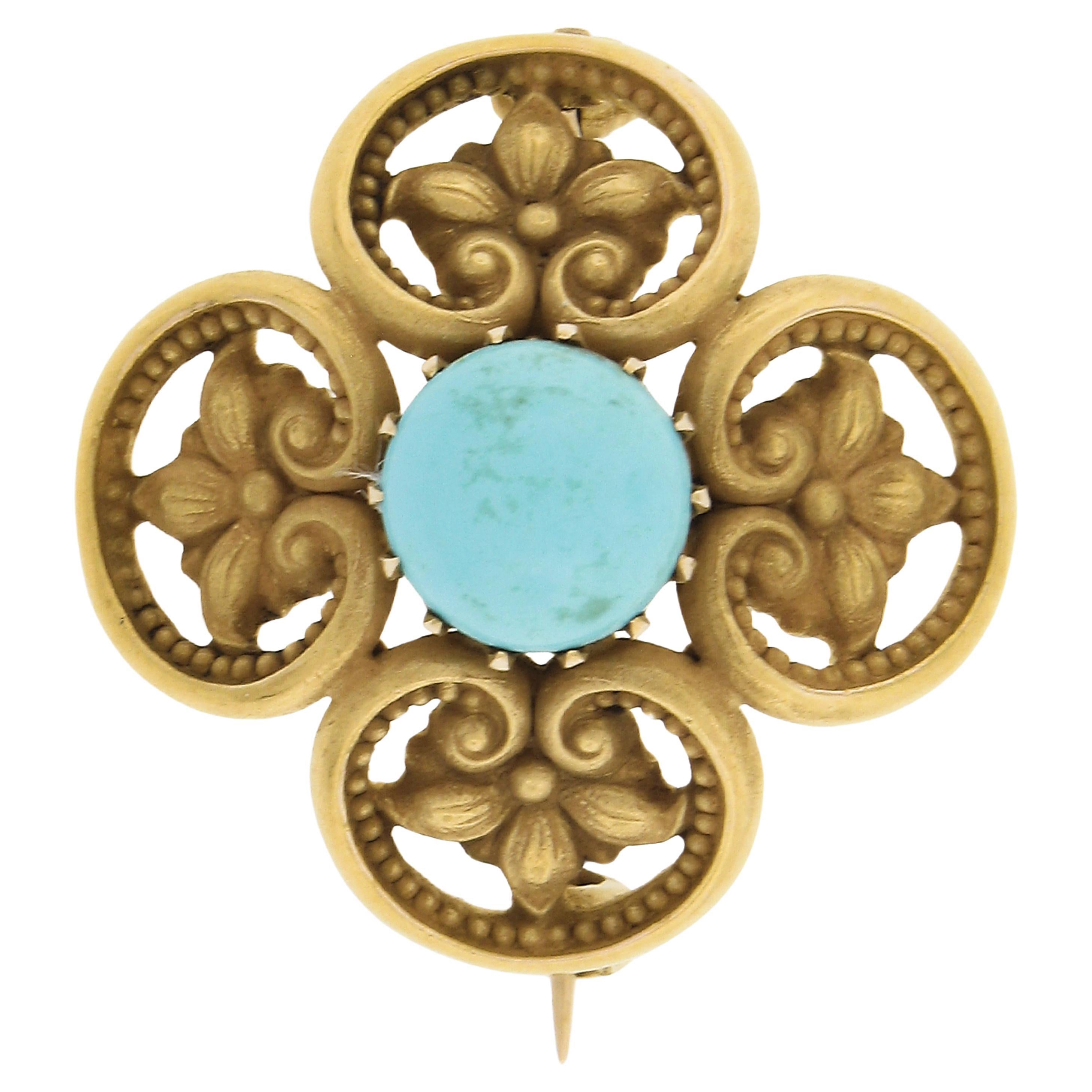 Antique Art Nouveau 14k Yellow Gold 8mm Turquoise Detailed Flower Pin Brooch For Sale
