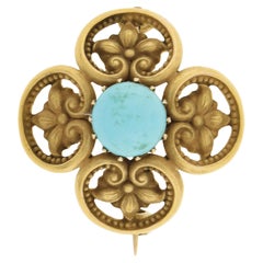 Broche ancienne Art Nouveau en or jaune 14 carats avec turquoise détaillée en forme de fleur de 8 mm