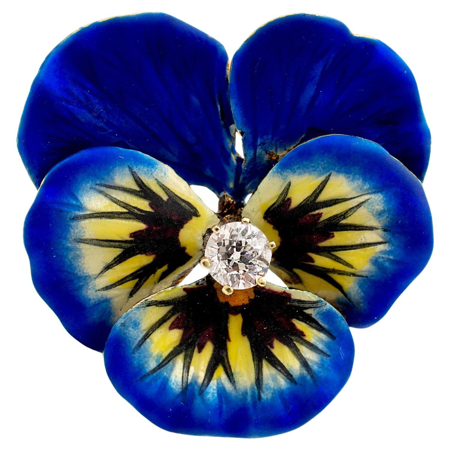 Antike Jugendstil-Brosche, 14 Karat Gelbgold, blaue Emaille, Stiefmütterchenblume, Diamant im Angebot