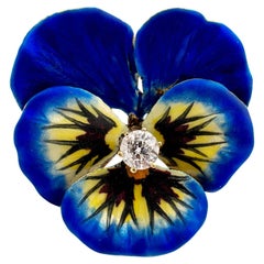 Retro Art Nouveau 14K Yellow Gold Blue Enamel Pansy Flower Diamond Brooch