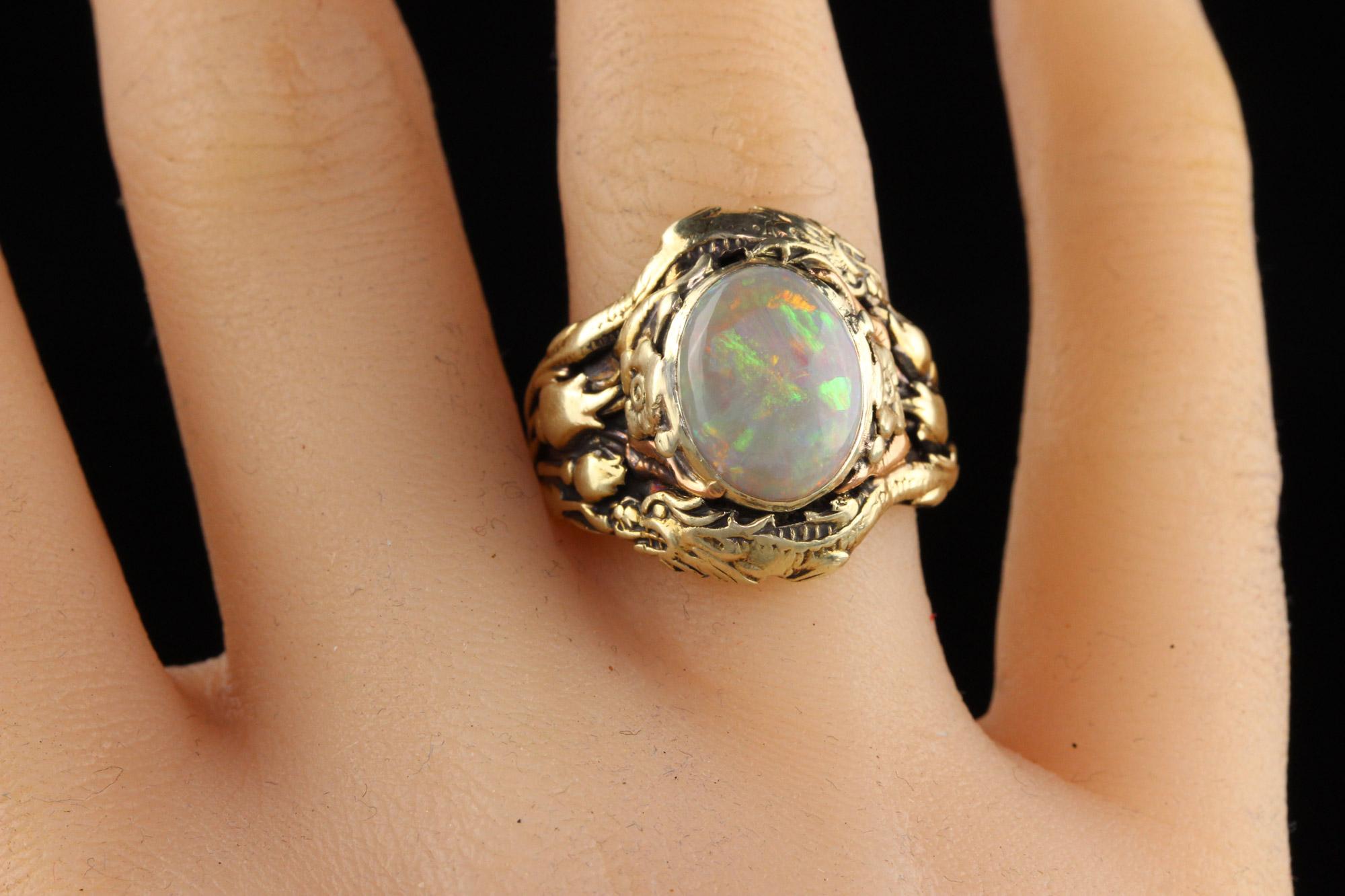 Women's or Men's Antique Art Nouveau 14K Yellow Gold Cabochon Opal Dragon Ring For Sale