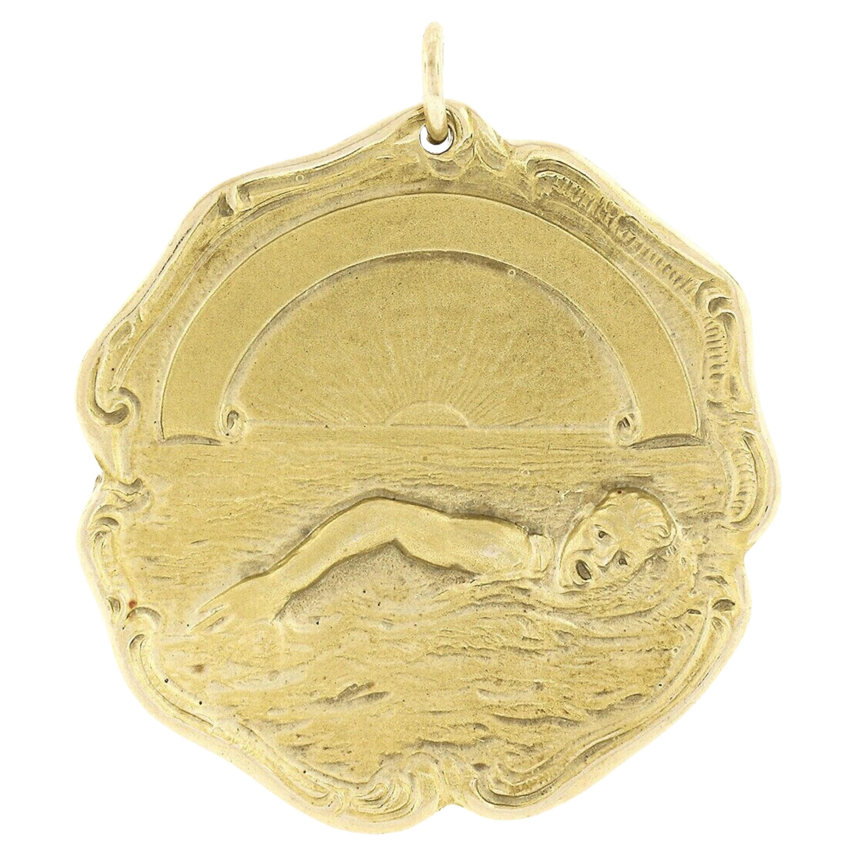 Antique Art Nouveau 14k Yellow Gold Detailed Swimming Medal Medallion Pendant