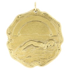 Antique Art Nouveau 14k Yellow Gold Detailed Swimming Medal Medallion Pendant
