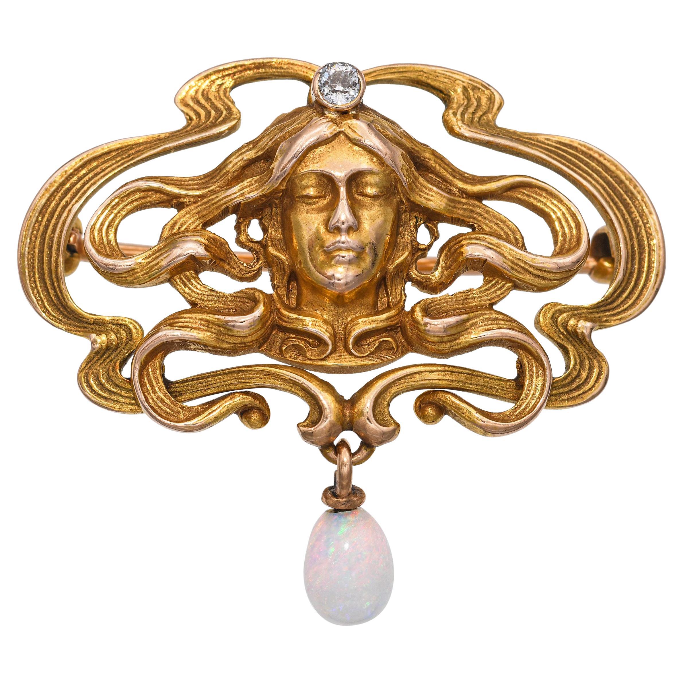 Spilla antica Art Nouveau in oro giallo 14k con diamanti e opale, musa femminile