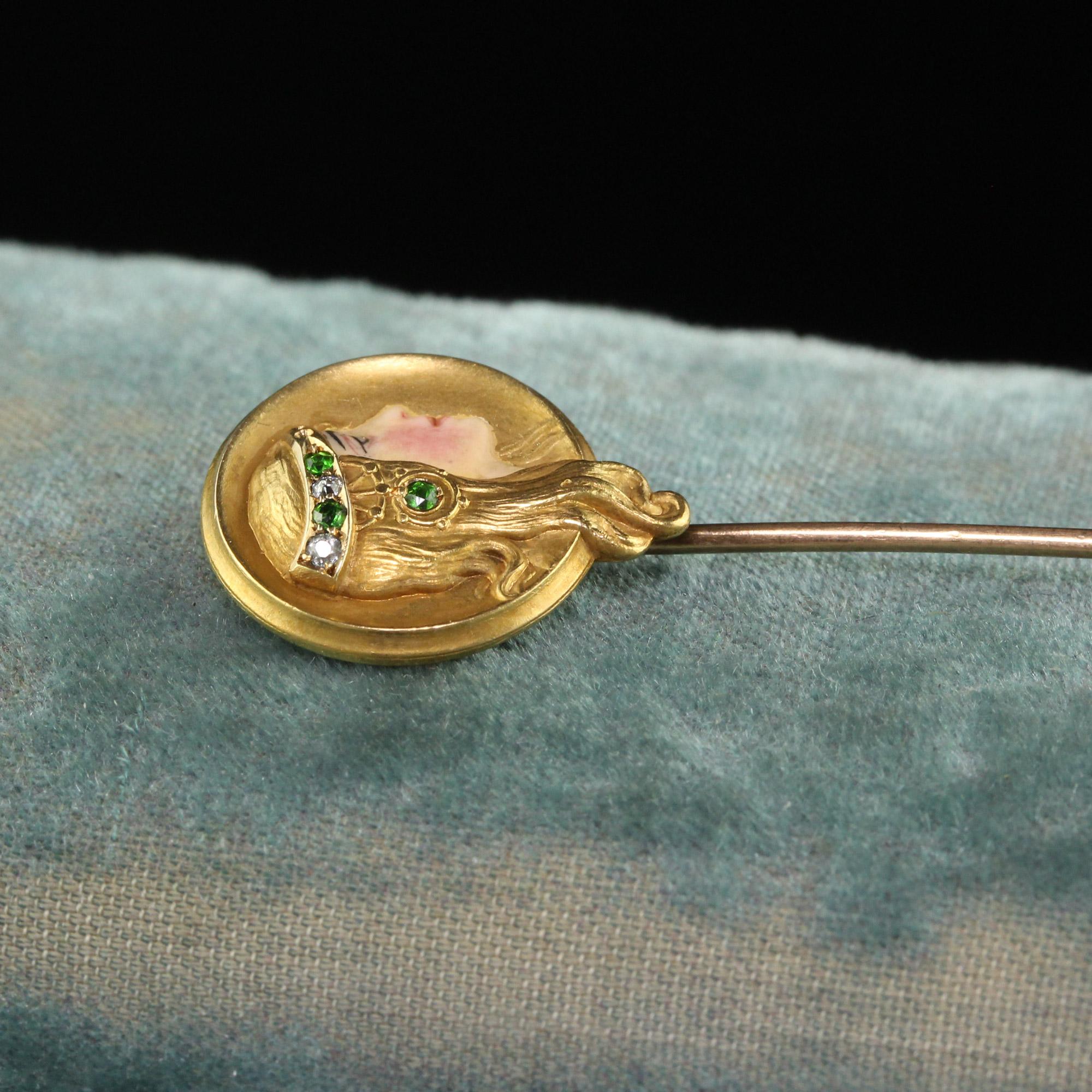 Antique Art Nouveau 14K Yellow Gold Diamond Demantoid Enamel Lady Stick Pin In Good Condition For Sale In Great Neck, NY