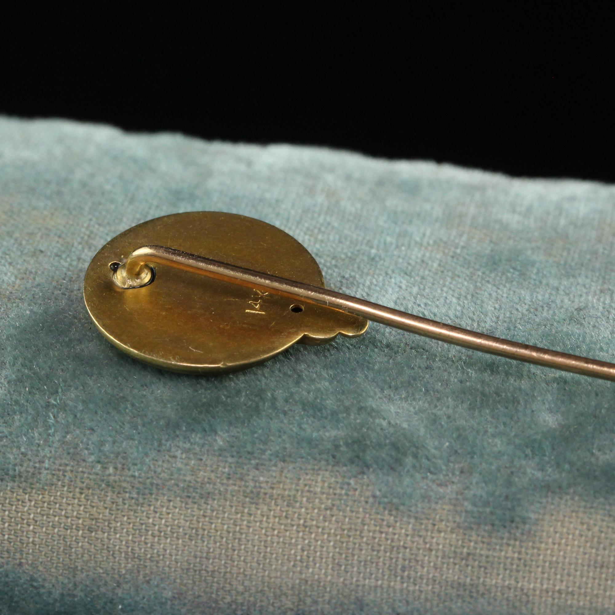 Antike Jugendstil 14K Gelbgold Diamant Demantoid Emaille Lady Stick Pin im Zustand „Gut“ im Angebot in Great Neck, NY