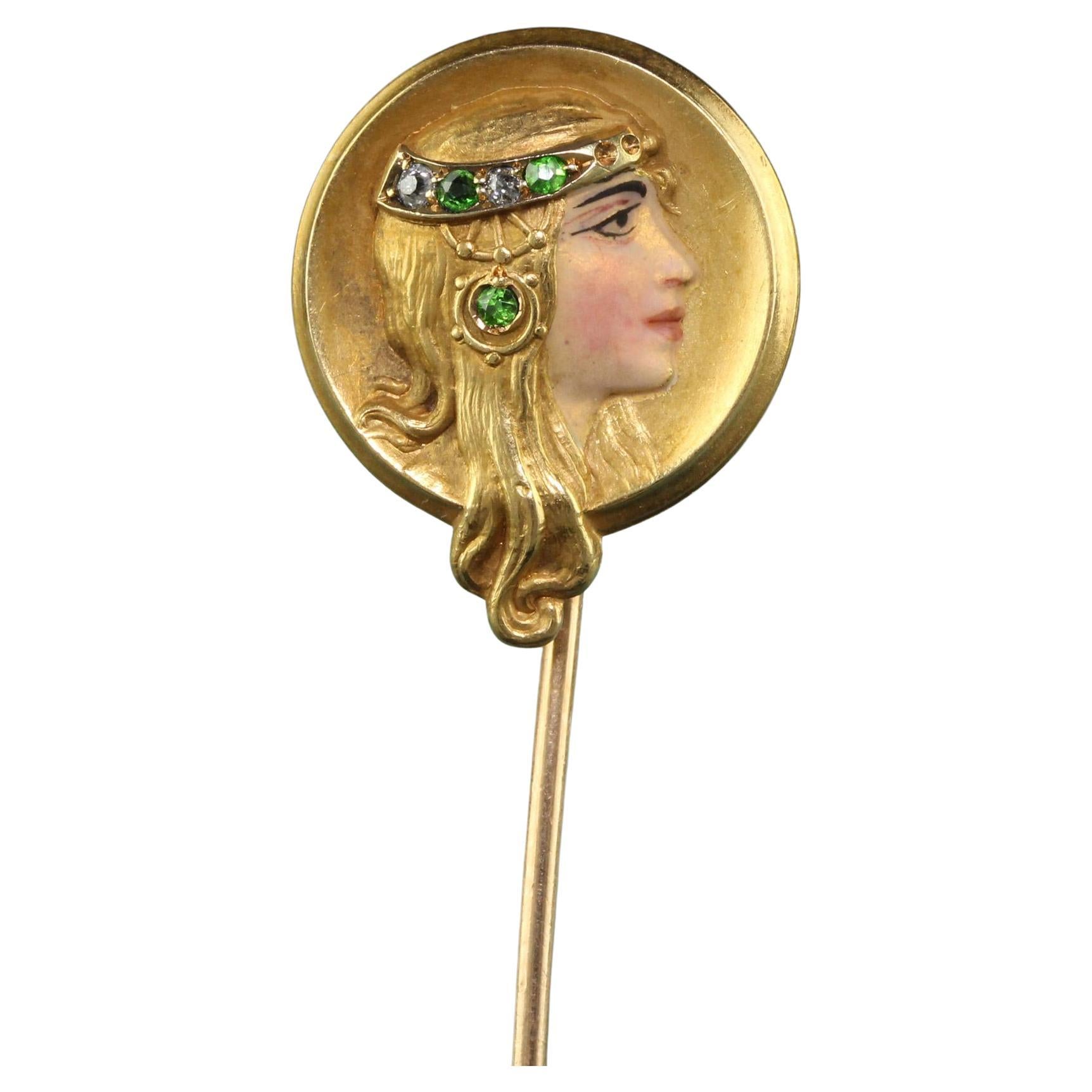 Antique Art Nouveau 14K Yellow Gold Diamond Demantoid Enamel Lady Stick Pin