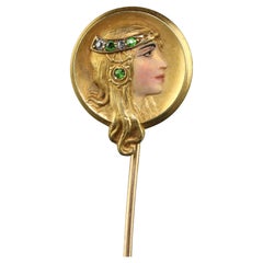 Antique Art Nouveau 14K Yellow Gold Diamond Demantoid Enamel Lady Stick Pin