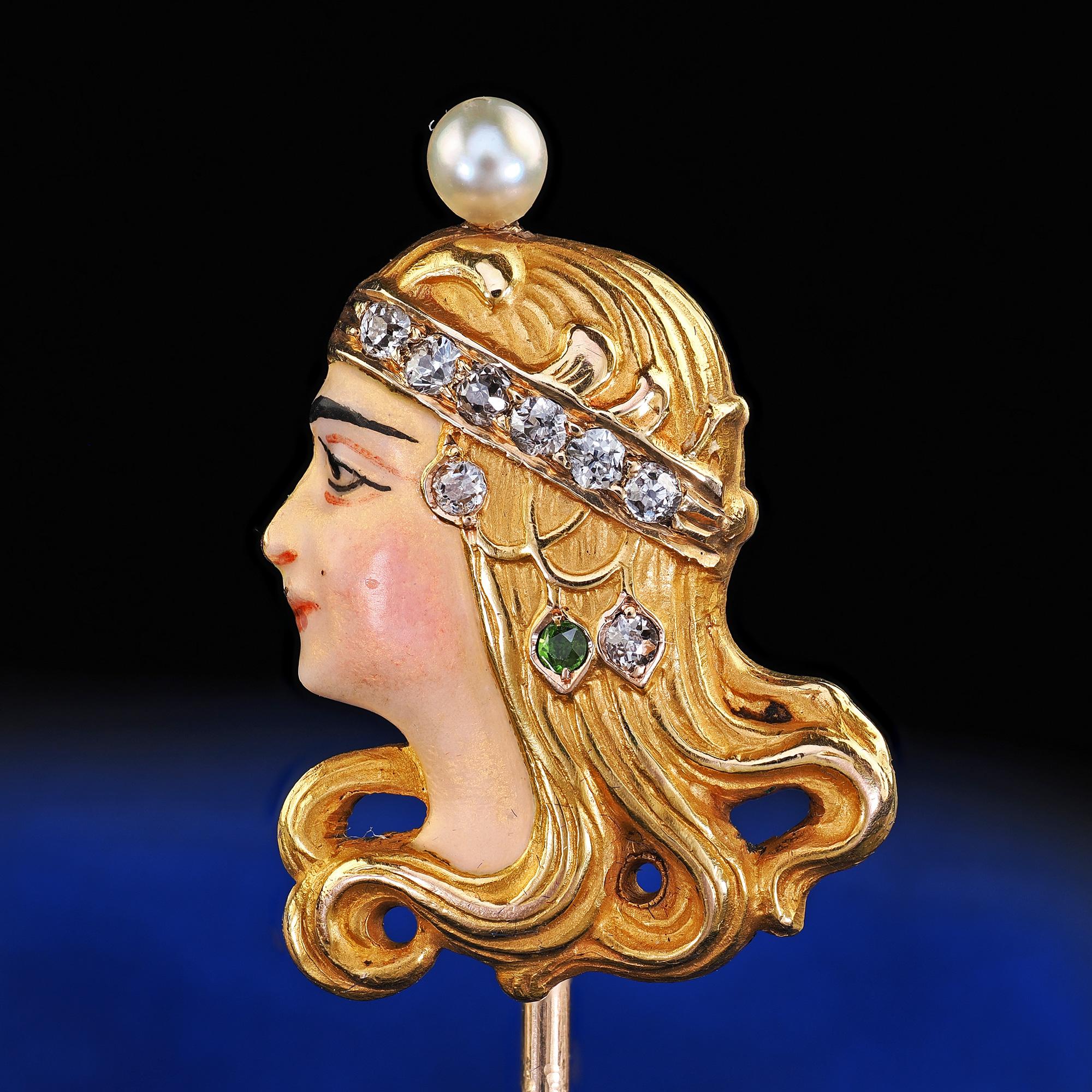 Antica spilla a bastone da donna in oro giallo 14 carati con smalto e diamanti e perle in vendita 4