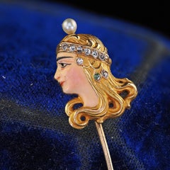 Antique Art Nouveau 14K Yellow Gold Enamel Diamond and Pearl Lady Stick Pin