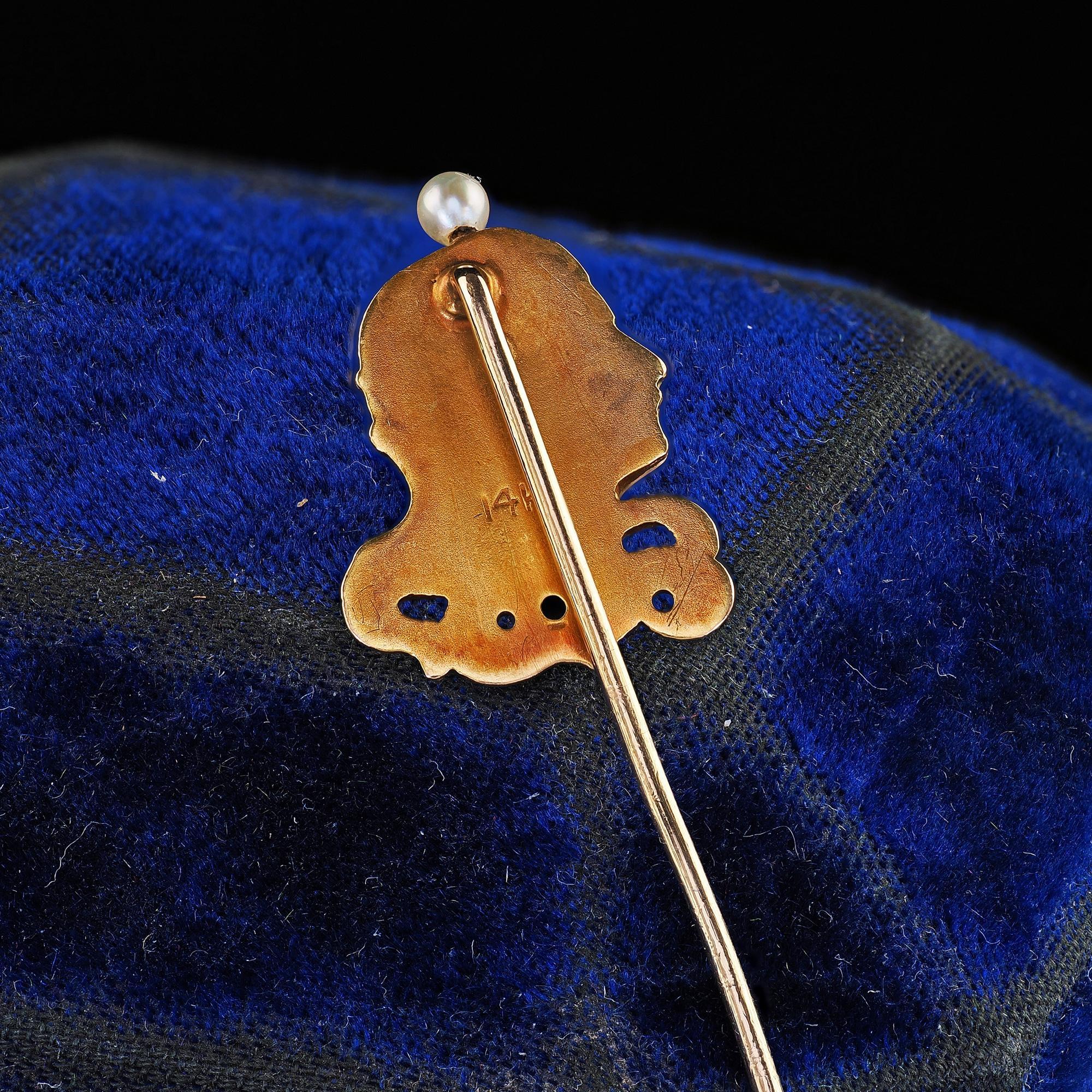 Art Nouveau Antica spilla a bastone da donna in oro giallo 14 carati con smalto e diamanti e perle in vendita