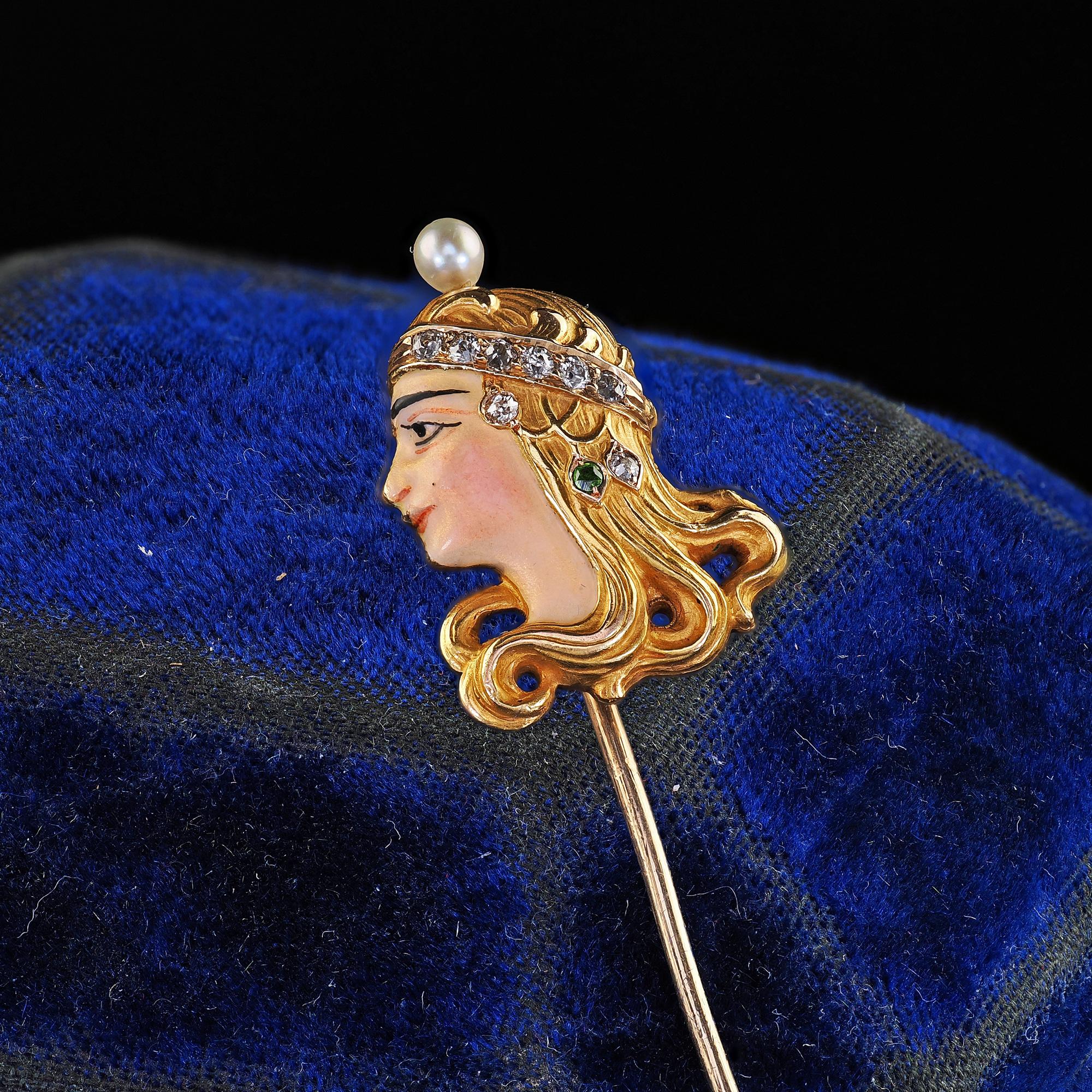 Antica spilla a bastone da donna in oro giallo 14 carati con smalto e diamanti e perle in vendita 1