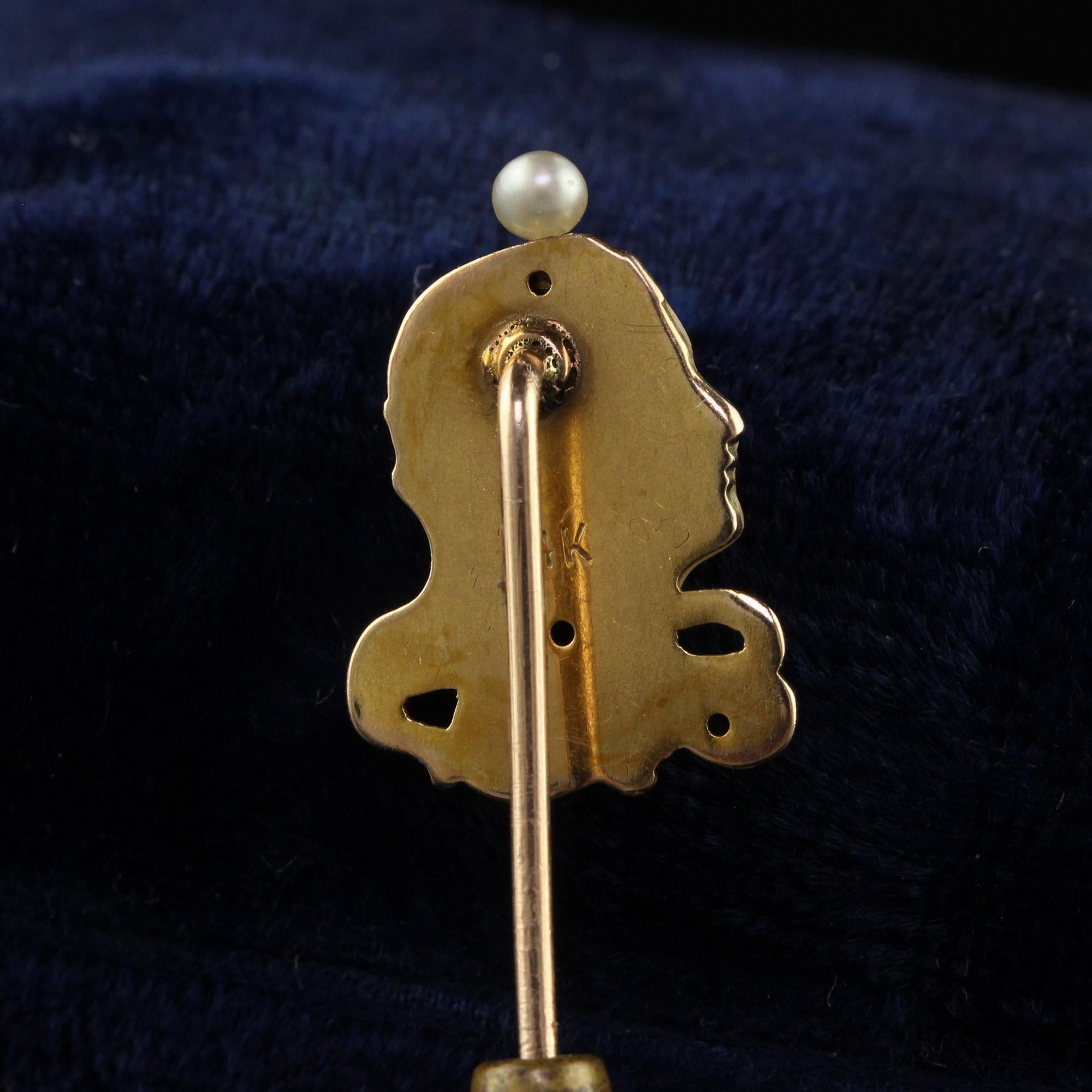 Mixed Cut Antique Art Nouveau 14K Yellow Gold Enamel Diamond Lady Stick Pin For Sale