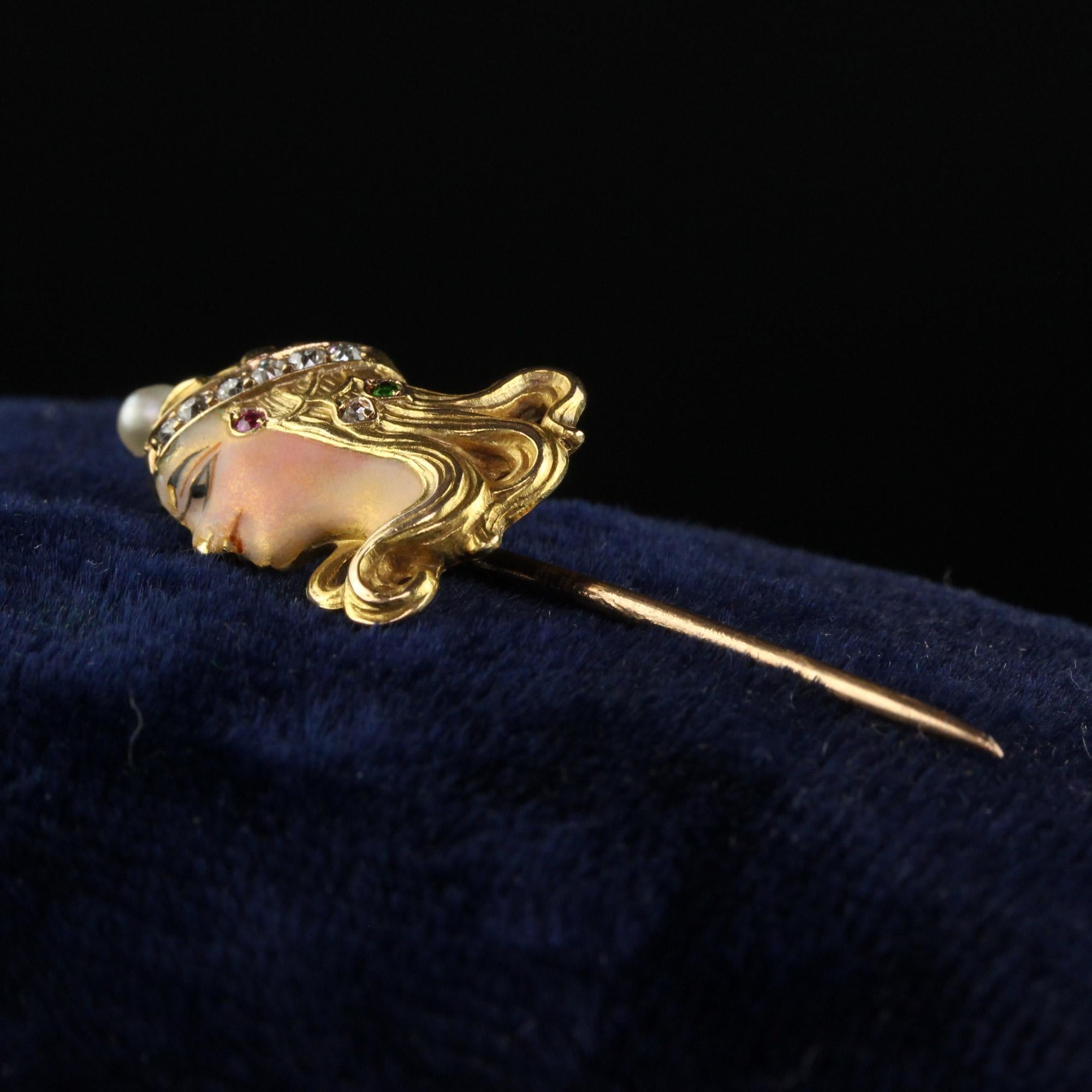 Antique Art Nouveau 14K Yellow Gold Enamel Diamond Lady Stick Pin In Good Condition For Sale In Great Neck, NY