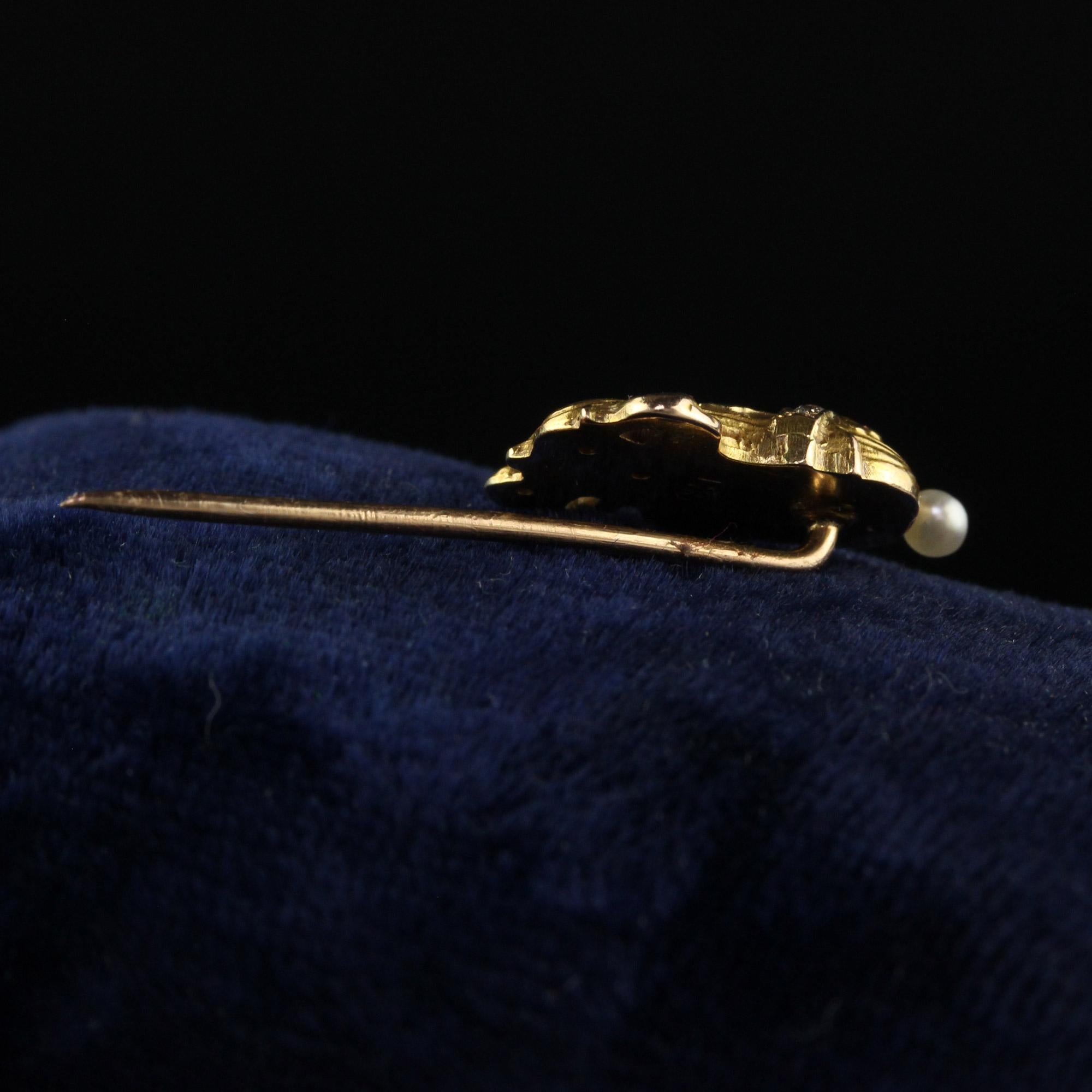 Women's or Men's Antique Art Nouveau 14K Yellow Gold Enamel Diamond Lady Stick Pin For Sale