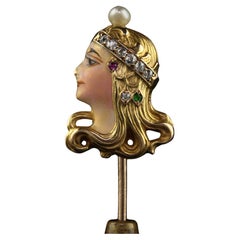 Antike Jugendstil 14K Gelbgold Emaille Diamant Lady Stick Anstecknadel, Lady Stick Pin