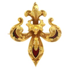 Antique Art Nouveau 14k Yellow Gold Enamel Fleur-De-Lis Repousse Work Pin Brooch