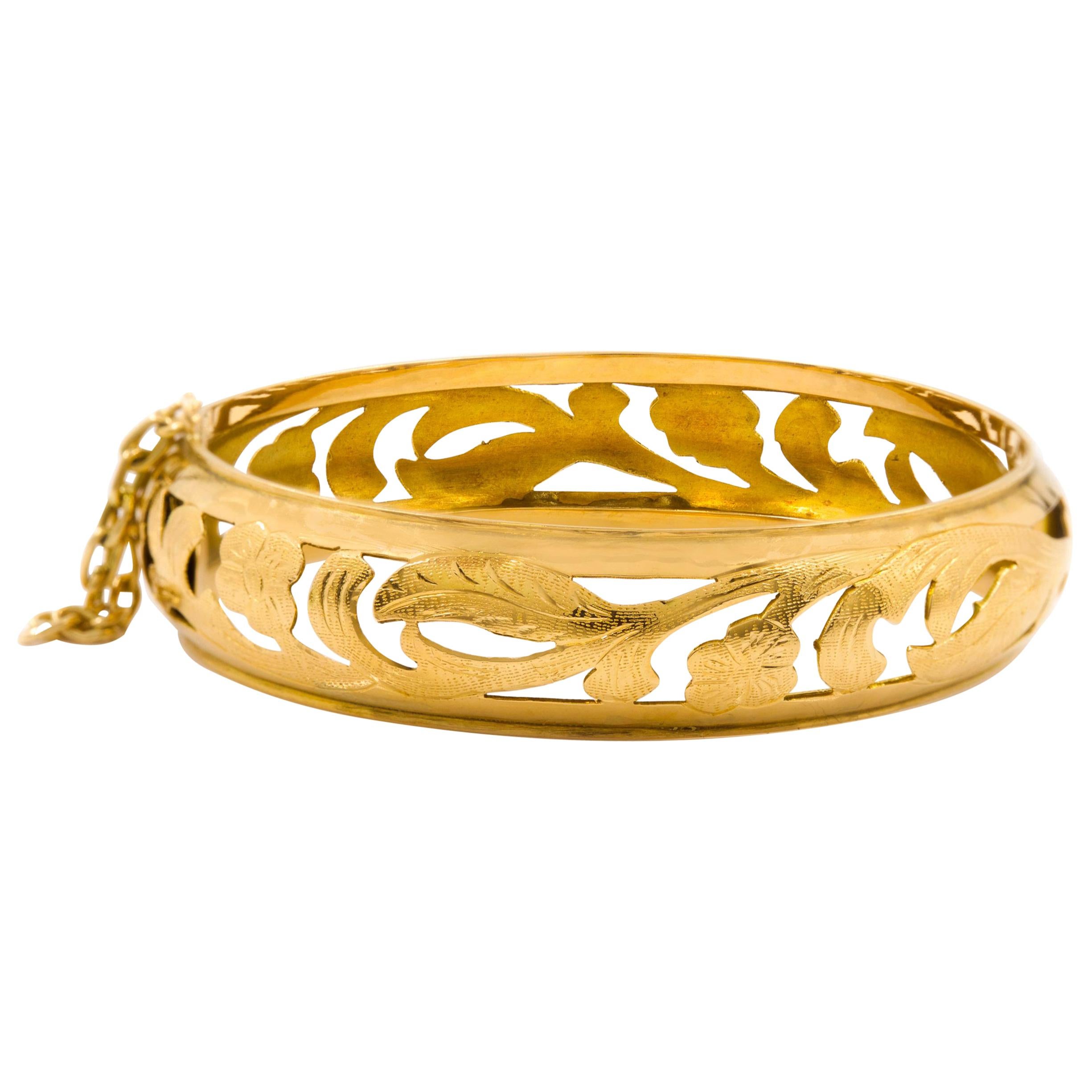 Antique Art Nouveau 14k Yellow Gold Engraved Bangle Bracelet