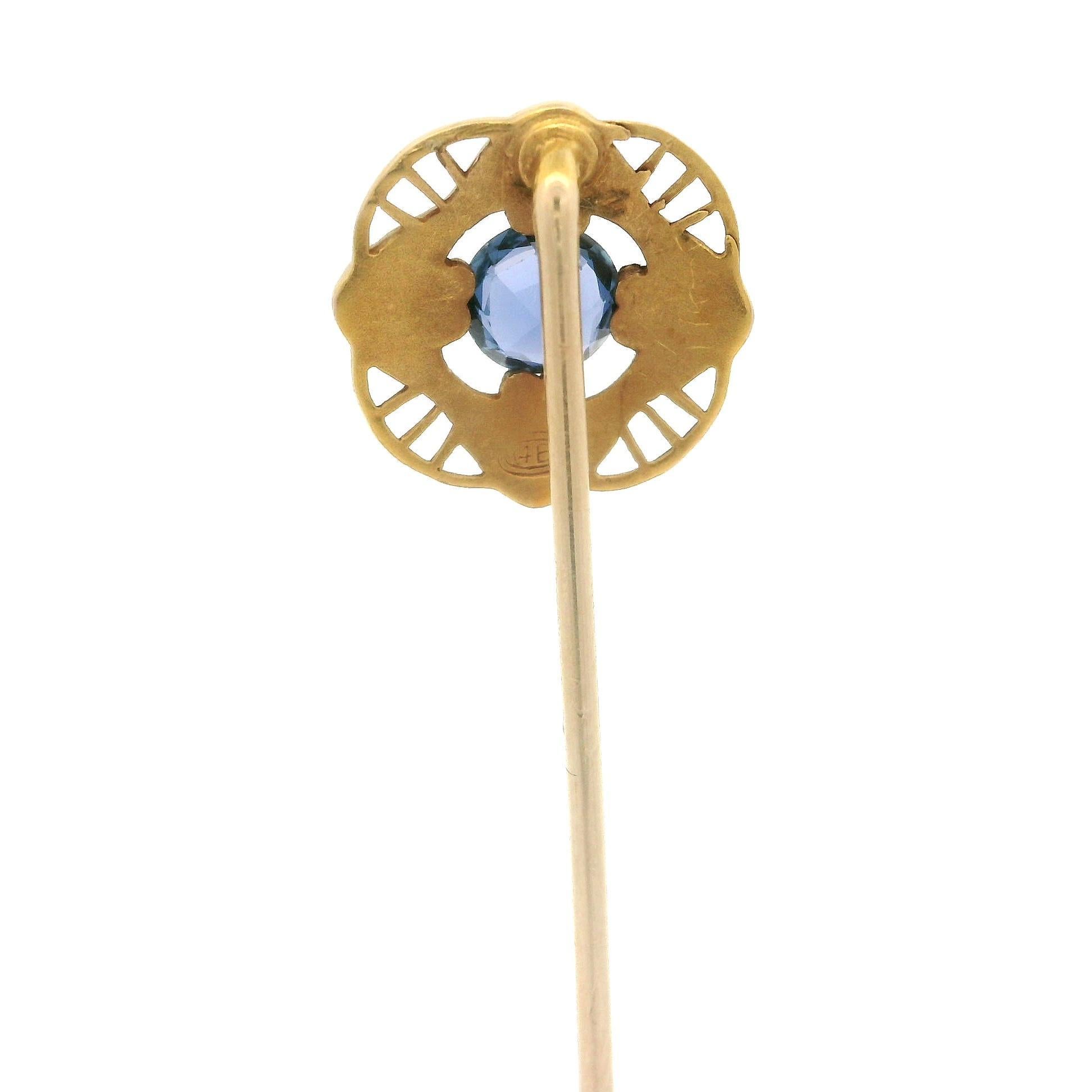 Brilliant Cut Antique Art Nouveau 14k Yellow Gold GIA 0.65ct Montana Sapphire Stick Pin For Sale