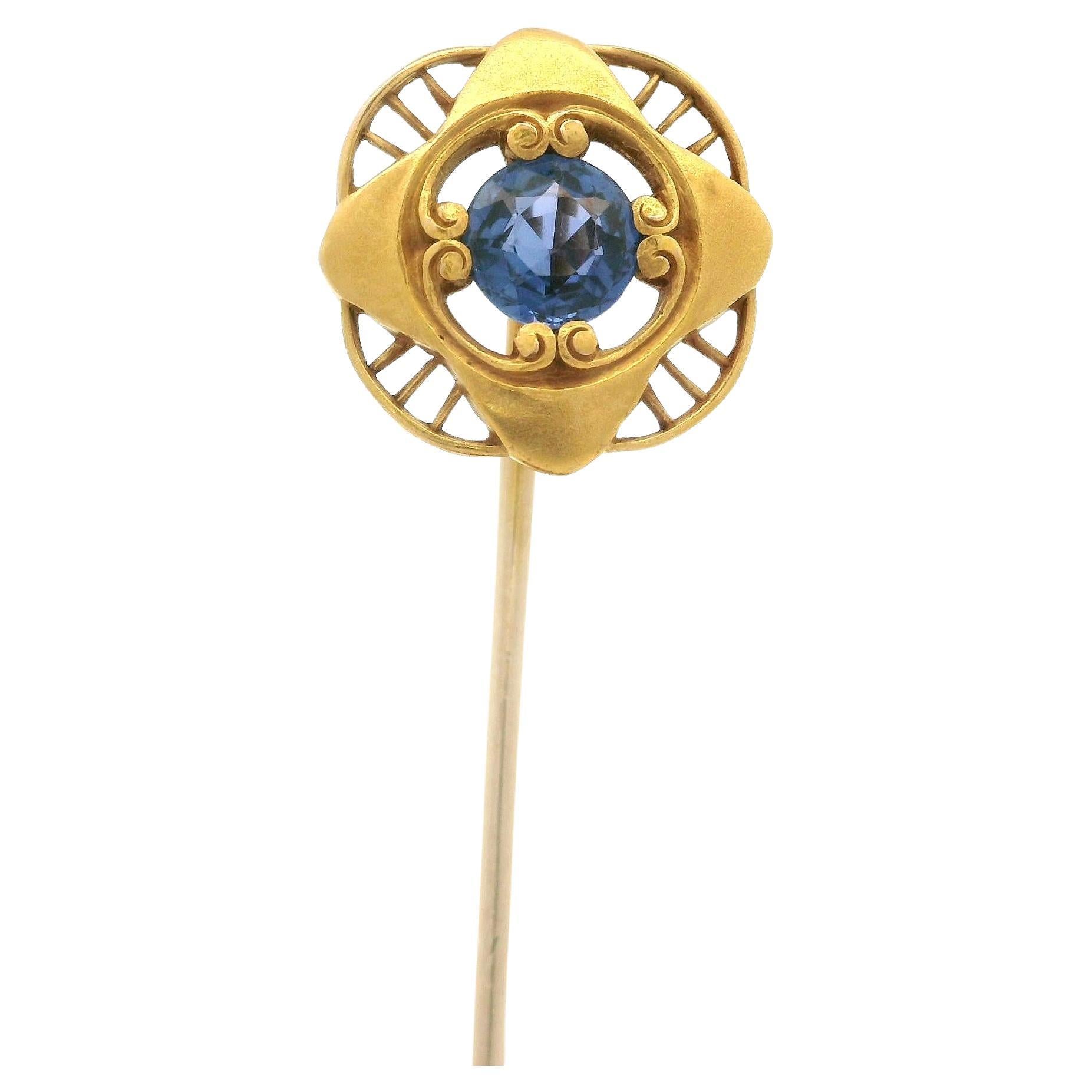 Antique Art Nouveau 14k Yellow Gold GIA 0.65ct Montana Sapphire Stick Pin