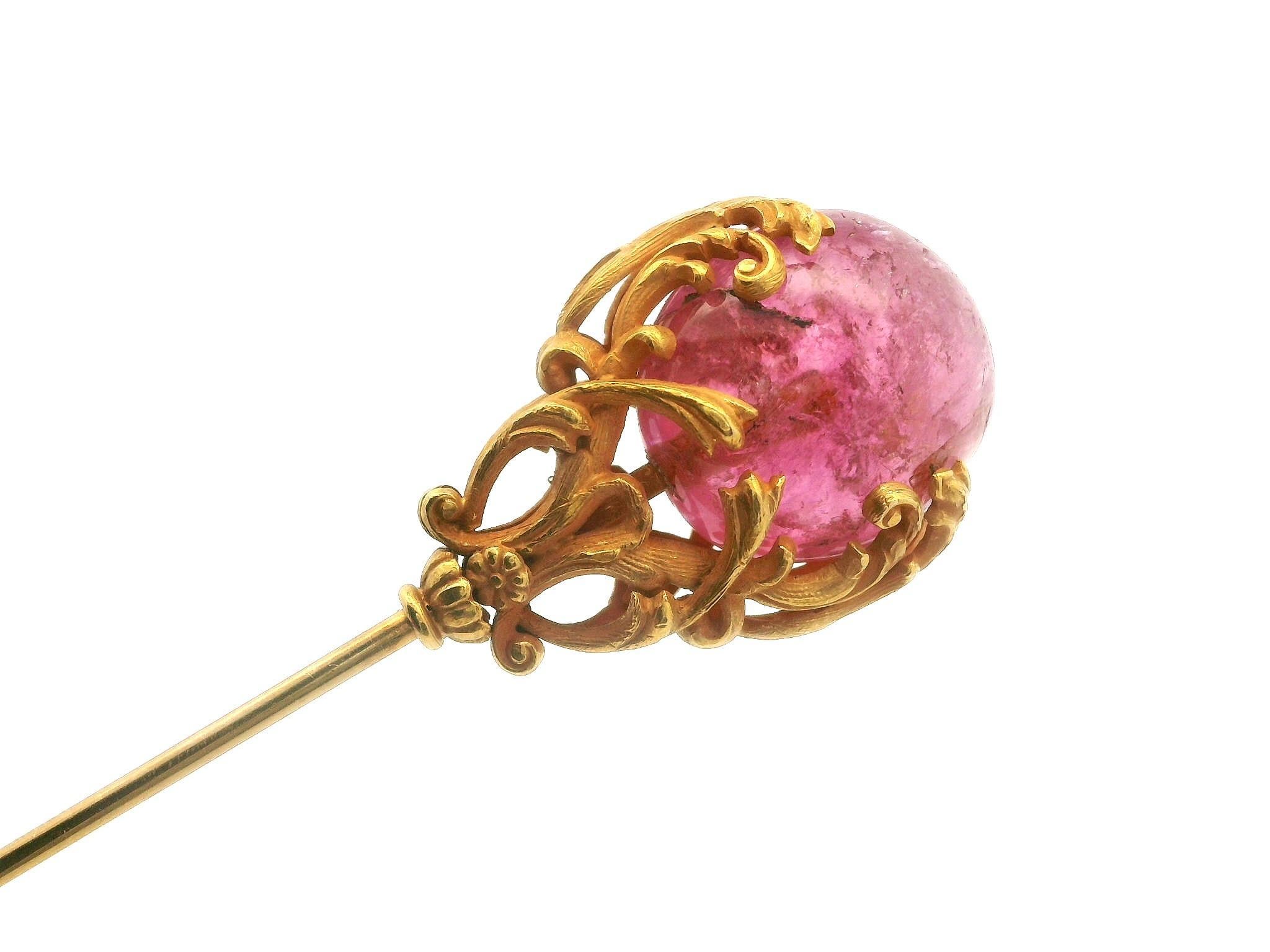 --Stone(s):-- 
(1) Natural Genuine Tourmaline- Round Double Cabochon Cut - Pink Color - Natural Inclusions - 14.5mm (approx.)

Material: 14k Solid Yellow Gold
Total Weight: 11.93 Grams
Top Part Width: 18.7mm (0.73