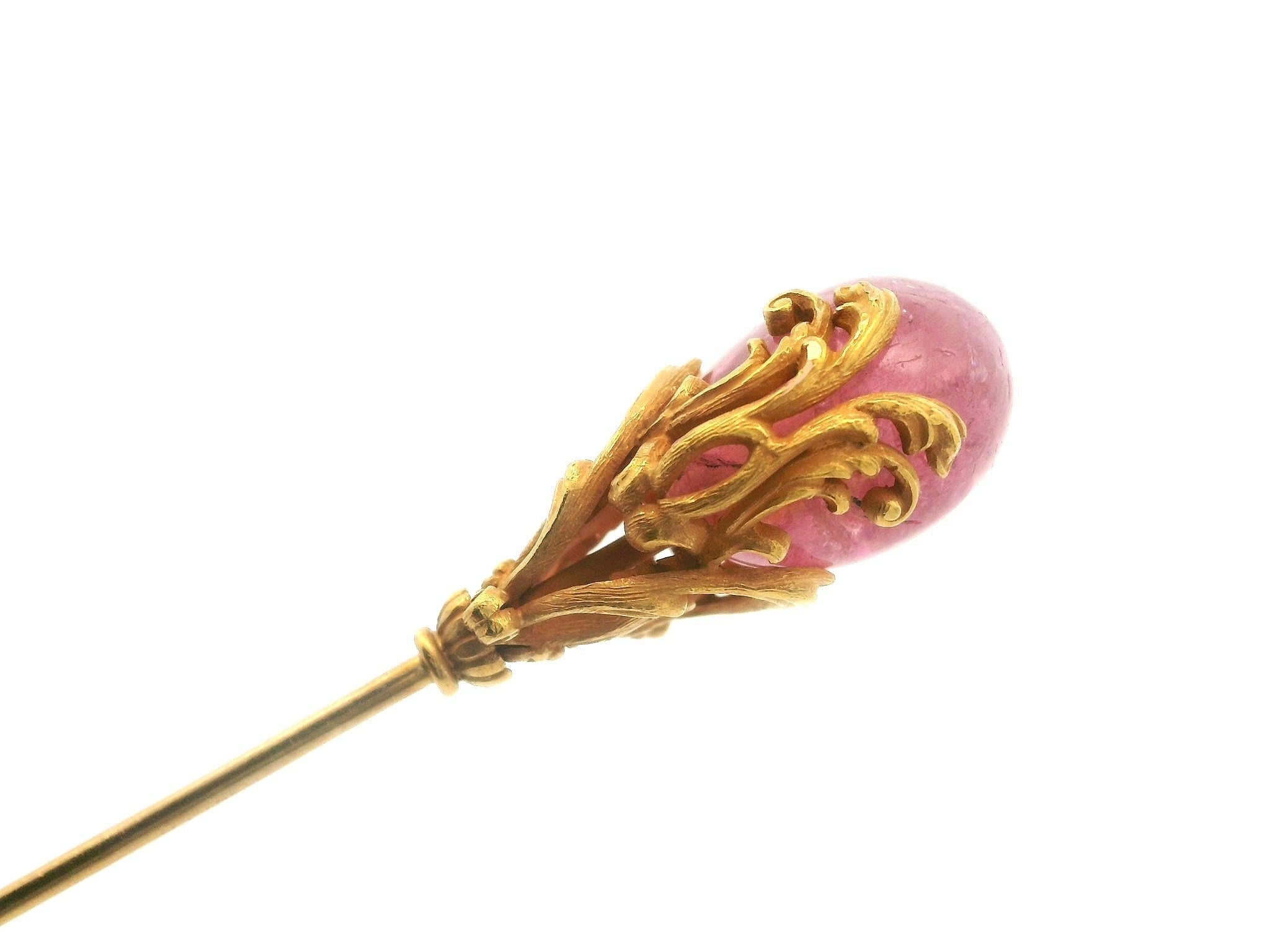 Cabochon Antique Art Nouveau 14k Yellow Gold Large Pink Tourmaline Detailed Hat Pin